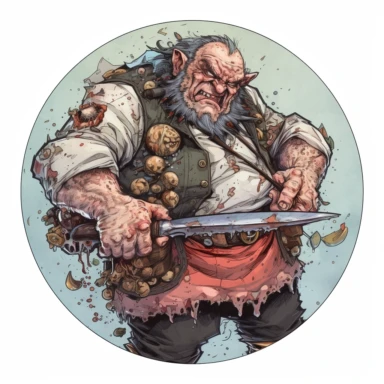 snarling attacking punk leader badass ogre chef cook boss, Josh Kirby Mad Max Lord of the Rings, handpainted enamel punk zine indie retrowave, clipart illustration full body character art, circular frame background