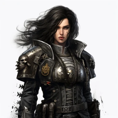 beautiful deathwatch warhammer 40k fantasy character, dark hair, paint art style, clipart, white background, superrealistic, one of a kind