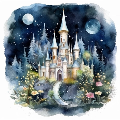 light watercolor Fantasy Castles night scenery on the moon in the garden forest realistic clipart on black background