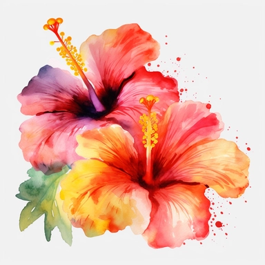 watercolor Hibiscus - Hibiscus flowers are large and colorful, with petals that come in shades of pink, red, and yellow. They are often used in tropical-themed decor and are associated with warm weather and sunny days. vividly bold designs png Full body realistic cartoon in 32K UHD cute. 15 cm thick outline. Black color. There was no shadow on the ground. 8k with realistic watercolors. and detailed illustrations. PNG clipart, transparent white background