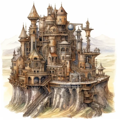 Watercolor hyperdetailed ultra realistic clipart of steampunk fictional worlds like Middle Earth, Hogwarts, or Narnia, including intricate details such as famous landmarks, architecture, and landscapes