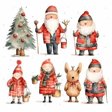 Watercolour cartoon style christmas clipart variations, simple, vector, 8k