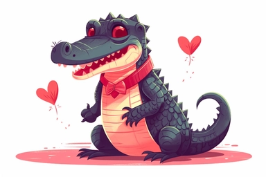 Cute American alligator in valentine Day clipart, cartoon, white background,