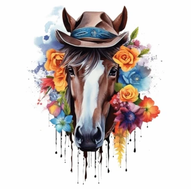 Develop a mesmerizing watercolor clipart illustration on a white isolated background vector, showcasing a Western horse portrait wearing a striking cowboy hat embellished with colorful flowers. Emulate the artistic style of Cheng-Khee Chee, a talented watercolor artist celebrated for his detailed and intricate brushwork, to create a composition that exudes elegance and captures the fine details of the floral patterns