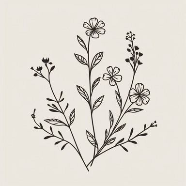 a simplified vector line art Floral illustration, victorian, vintage, minimalism, Flower, Botanical clipart, branches