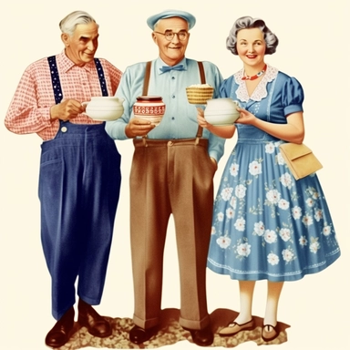 Vintage Illustration, An elderly couple, probably 60-70 years old, one of them with a glass of milk in his hand, cheesy 50s vintage clipart image by cynthia flanders, in the style of traditional costumes, photomontage, Full body view, whitcomb-girls, light indigo, gigantic scale, romanticized femininity, contrasting 8k