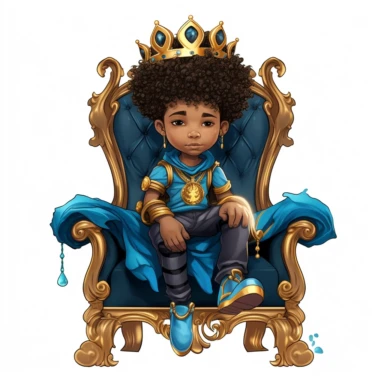 highly detailed clipart of an african american little prince wearing blue sweats and sneakers with a gold crown sitting on his curly hair while sitting on a tall royal black and gold throne chair with one leg over his knee
