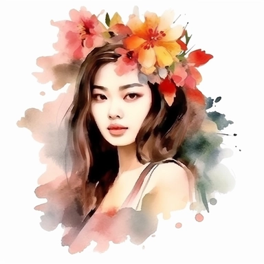 watercolor style, asian-origin girl with flowers on her head clipart, isolated on white background, hd