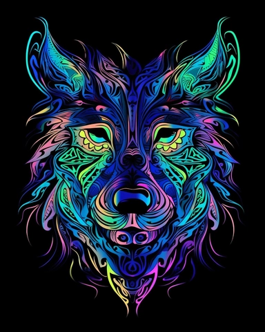 a clipart style Wolf Head made up of mystical shapes and swirls. Vivid colors. Bioluminescent light. Psychedelic style. with empty border.