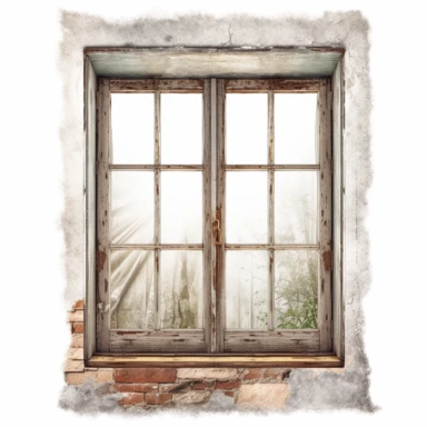 old window, vintage, clear, view from inside the house, white background, clipart