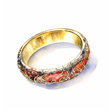 Solid white background, Detailed watercolor the one ring from lord of the rings clipart. The ring is glossy smooth solid reflective gold and the finely engraved elvish markings are glowing red hot as if from a forge