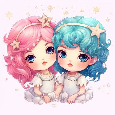 zodiac sign gemini, cute little clipart, kawaii little twin girls, white background, high quality, high definition, 8k