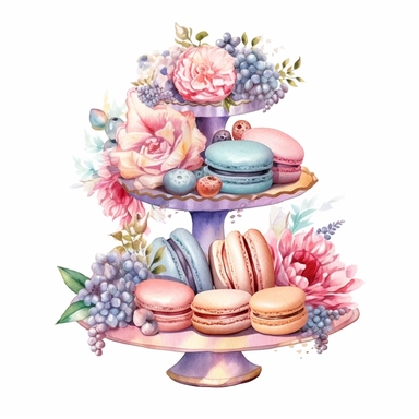 Clipart, Watercolor, Boho tier candy tray with cakes, cupcakes, macarrons and flowers, pastel color, hand-draw, texture