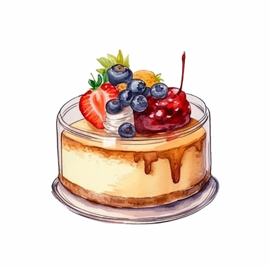 watercolor, hand drawn cheesecake in a bakery case clipart, hd, white background, spaced out--ar 3:2