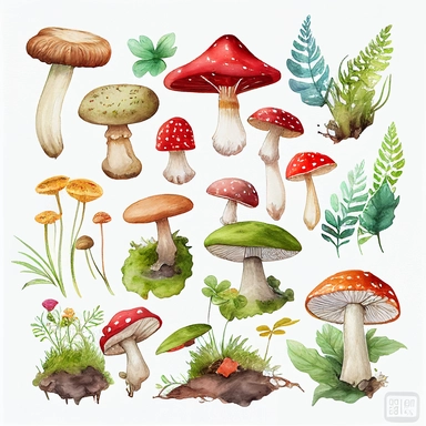 large, Watercolor Mushrooms Clipart - cute forest nature toadstool clip art, white background, landscape, clump of mushrooms, moss, woodlands