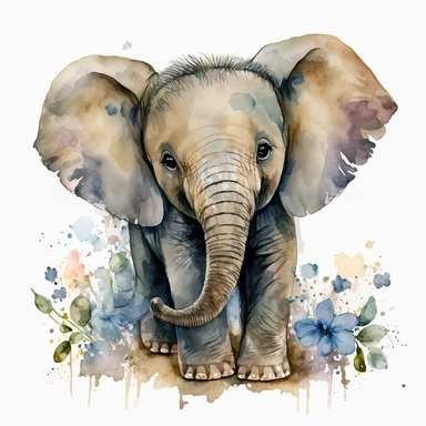 Safari Baby Separated Animals Watercolor Clipart, white Background, 4K, UHD, a playful baby elephant with large floppy ears, a mischievous expression, and vibrant watercolor strokes that bring out its youthful energy and curiosity, Artwork, watercolor painting on textured paper,