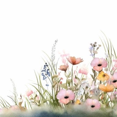 Watercolor wild flower, grass, page border, clipart, sheer - ish, pastel/ light colors, in the style of light white and ULTRA light pink, armonius and soft color fields, limited color palette, pastoral nostalgia, gossamer fabrics, bloomcore, uhd image, playful, whimsical illustrations