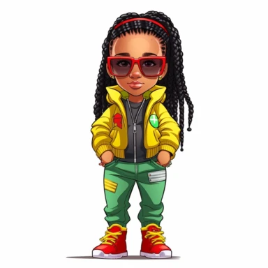 cartoon illustration of a cute black little girl, wearing nike air jordan shoes, wearing a green, yellow and red fly 90s outfit, large hoop earrings, sunglasses, clipart, white background