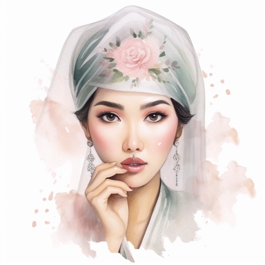 asian Bride's Makeup Clipart: This watercolor clipart captures the bride's soft makeup look, highlighting her eyes and lips in delicate pastel hues.