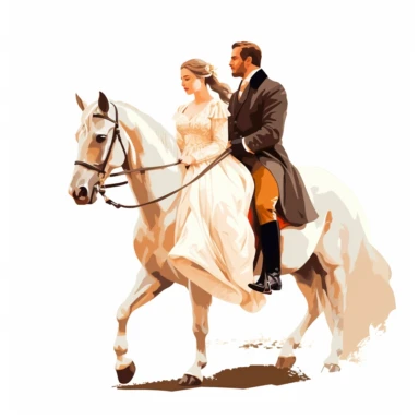 bride and groom on horseback clipart, white background