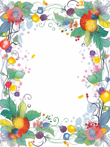 narrow vignette along the sides and the corners of the picture, little cute wild bright floral clipart faces and flowers and berries vignette, soff pastel blank center of the picture,