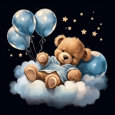 a smiling sleeping brown baby teddybear laying on a cloud, wearing a blue bib, tied in blue and white balloons, clipart, black background