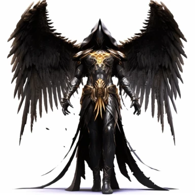 image of a dark archangel mythological figure, sci-fi style, white background, clipart
