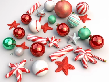 A 3D clipart of various Christmas ornaments including stars, baubles, and candy canes.