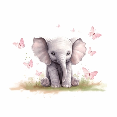 a cute baby elephant watching butterflies, clipart, light white and pink, cute and dreamy, white background