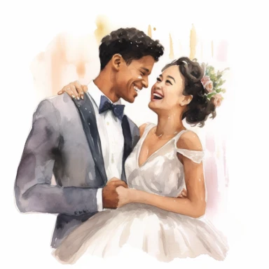 Brown-skinned bride and Asian groom, laughing together during the reception, jovial and delighted, watercolor, Pixar style, Clipart on a white background.