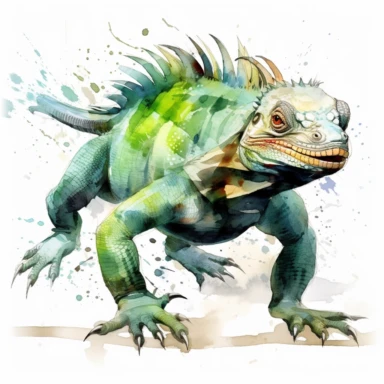 Green iguana running, watercolor, sharp illustration clipart, insane detail, white background