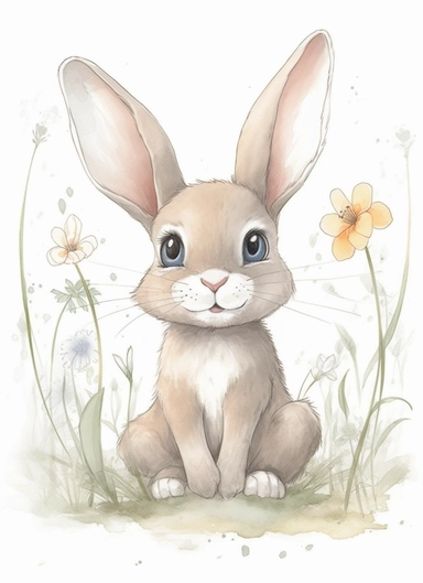 a super cute and frendly looking spring bunny, in the style of magali villeneuve, jon j muth, carl larsson,,smiling, with big eyes, dreamy world, closest to watercolor illustrations, soft color palette with ligh beige and gray, children's illustrations, solid white background, clipart