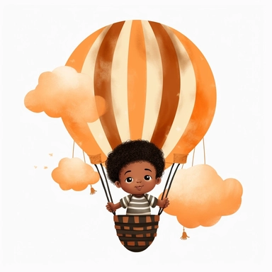 a cute black baby boy in a hot air balloon, newborn infant, afro, dark orange and cream colors, watercolor clipart illustration