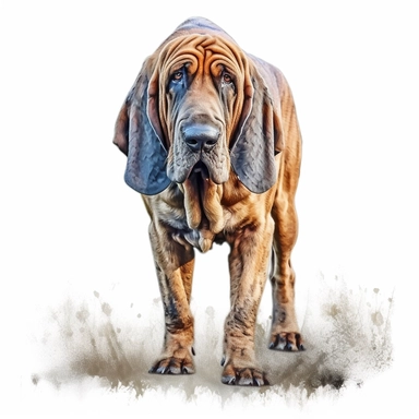 bloodhound in the style of digital airbrushingstanding realistic yet stylized, digitally enhanced, clipart, 32k uhd, detailed crosshatching white background