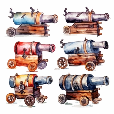 many Pirate cannons in Watercolor Style, Clipart, white background