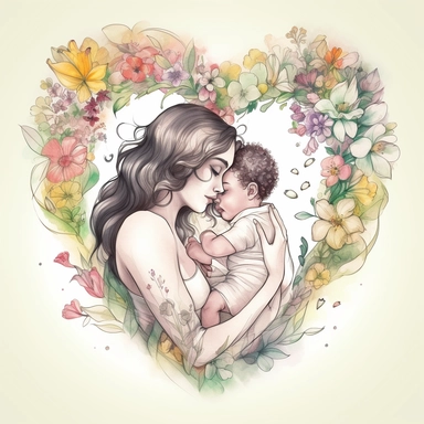 Clipart beautiful mother and her cute baby are hugging inside a heart shape made of spring flowers and it shows love and friendship ,watercolor style, withe background