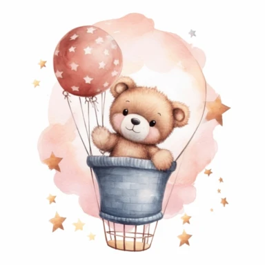 watercolor, digital illustration, a cute little fluffy bear sitting on hot air balloon and holding stars, clipart, hd, on white background