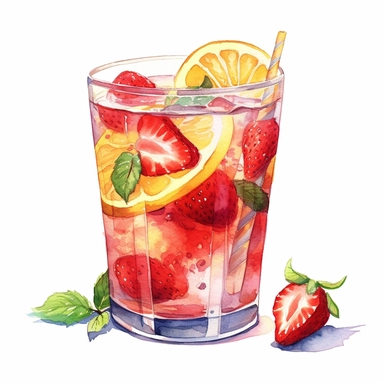 watercolor summer strawberry lemonade, in the style of Cecily Mary baker, white background, clipart