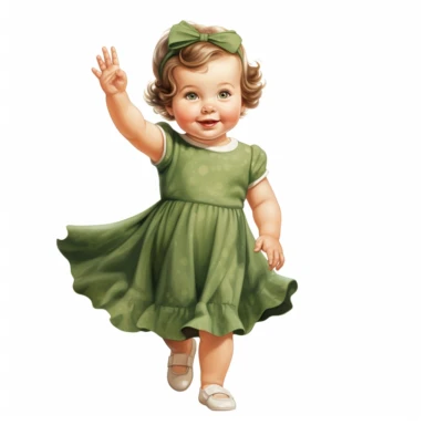 Cute Beautiful Vintage Happy Face Sassy Little Baby Girl Wearing Green Dress Clothes Show Hi Sign Hand Sublimation Clipart ,Cartoon,hyper realistic, intricate detail, illustration style,high solution,on the white background