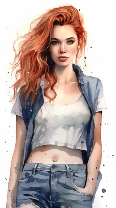 watercolor stylized clipart of a gorgeous irish woman bombshell with freckles in a white croptop and denim overalls, posing, epic light, chaotic,