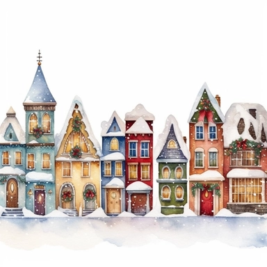Christmas village, cute and small houses in a row, Clip art, magical, enchanting, wreaths, snow-covered streets, Watercolor, colorful buildings, sparkling, charming, detailed, glittery, shiny, twinkling lights, festive, ornate, traditional, whimsical, Mic