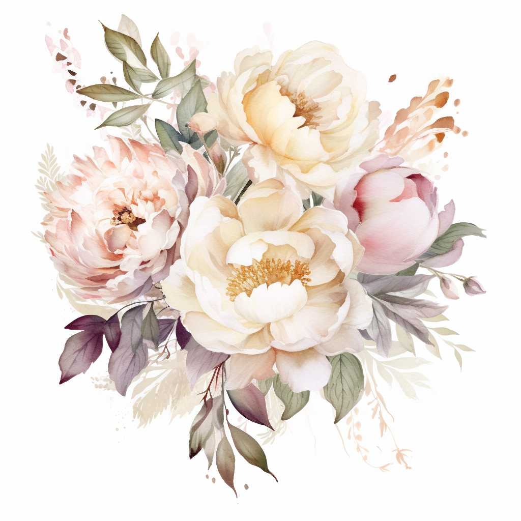 hite and beige watercolor Peony Bouquets with leaves in the background ...