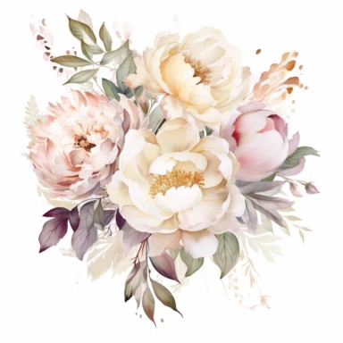 hite and beige watercolor Peony Bouquets with leaves in the background, soft muted color, clipart, multiple flowers in a bouquet, different composition, ultrarealistic, high details, emotive fields of color, charming illustrations, bloomcore, fairycore, soft color, whimsical, isolated on white background