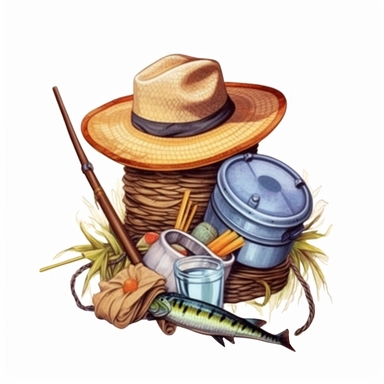 fishing basket And Hat Sublimation Clipart,Cartoon,hyper realistic, intricate detail, illustration style,high solution,on the white background
