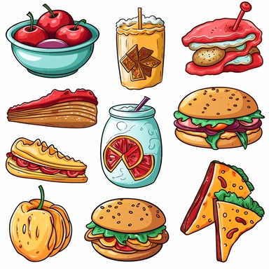 Design a clipart set that depicts various savory food items such as pizza, burgers, tacos, sandwiches, pasta, and other delicious snacks and meals. Include additional elements such as plates, utensils, and napkins to highlight the serving aspect of the food. Produce images of the food in various angles and styles to show the texture, such as the melted cheese on pizza, or dripping sauce from tacos.