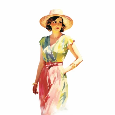 vintage woman colorful illustration old fashioned summer , Hand drawn , watercolor style,clipart,no shadow,single design, print on demand image, PNG transparent ,white background for removing background - - no text shadow font watermark
