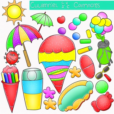 Please create a series of color-pencil clipart illustrations featuring different items related to summer. Each illustration should be drawn in a playful and cheerful style that captures the vibrancy and warmth of the season. Items to include can be beach balls, watermelons, sun hats, flip-flops, and ice cream cones. Please use a colorful and coherent color palette that is bright and evokes the feeling of warmth and sunshine. Colors that are associated with summer, such as yellows, oranges, pinks
