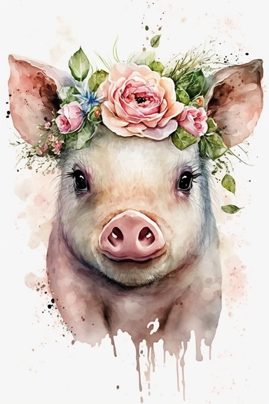 cute baby pig disney face, flower on head, Flower front body, Watercolor Clipart, Wall art Style, white background