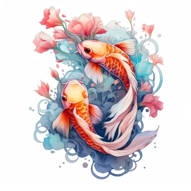 Fantasy floral Koi Fishes Clipart, Watercolor Cartoon, hyper realistic, intricate detail, illustration style, high resolution, on the white background