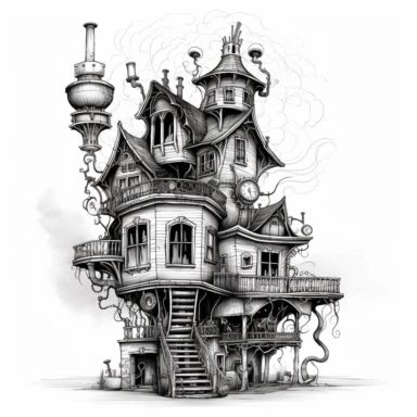 scary horror Steampunk one house Clipart, Retro Futuristic Victorian Era Art, white background